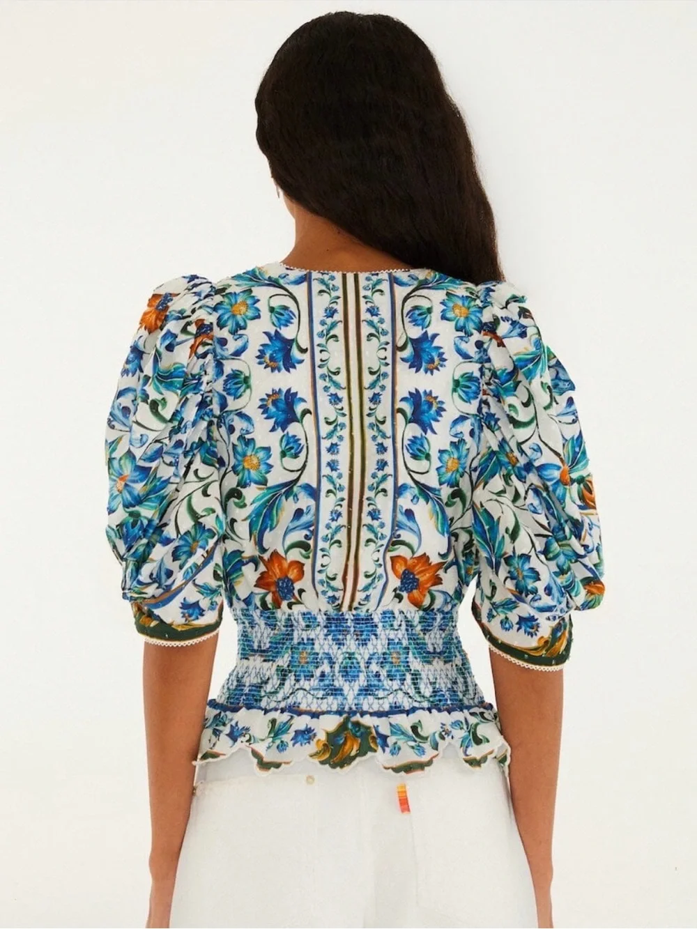 FARM Rio Blue & Orange Floral Smocked Waist V-Neck Puff Sleeve Top